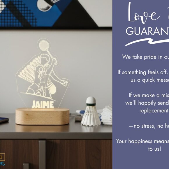 Personalized Badminton LED Night Light – Cool Sports Room Decor - Picture 6 of 8